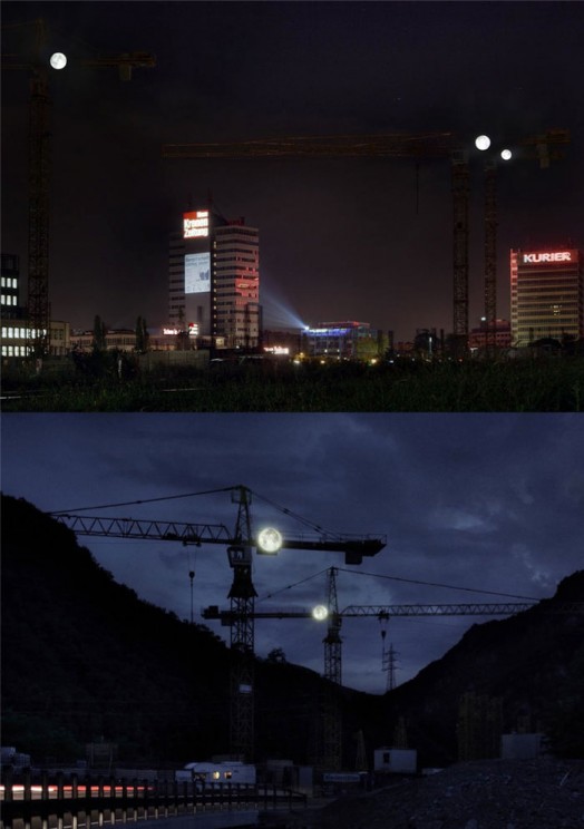 Fünf Monde (Five Moons) - Tower cranes, lightboxes, scratch drawings Dimensions variable (lightboxes: 200 x 200 x 25 cm)