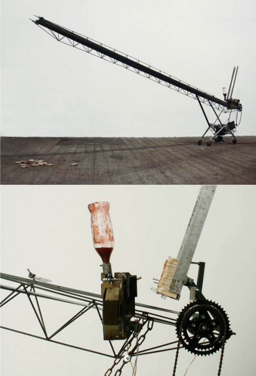 Untitled (Machine to produce jam breads) - Slices of toast, strawberry jam, aluminium, steel, electronical equipment, conveyer belt - 550 x 80 x 200 cm