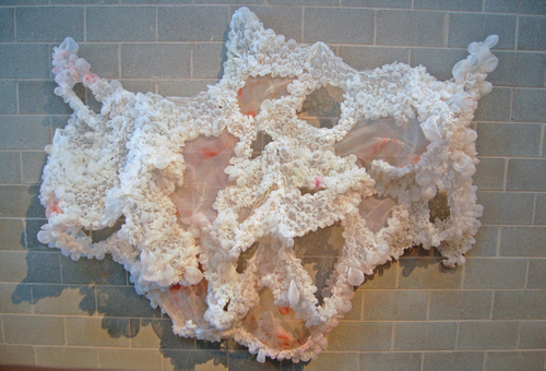 Space Cadet Narcissist - Silk organza, embroidered text, thread, pigment, bleach, monofilament. Installed at the UICA, Dec 2009.  120"H x 144"W 