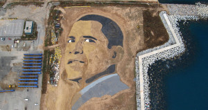 EXPECTATION - large ephemeral sand painting portraying the likeness of Barack Obama