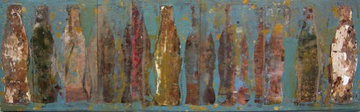 Line-up for Cowboys:Bottles - monoprint, collage, ink, dry pigment, gouache, acrylic, glazes, board
