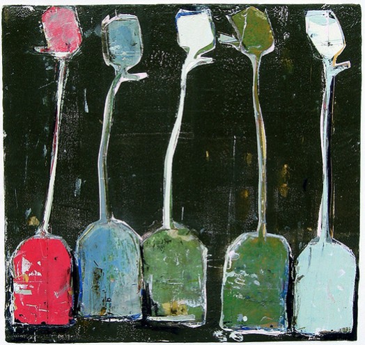 Five Teas in July -  collage monoprint, printing ink, acrylic, dry pigment, paper, board 