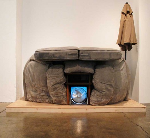 Prepared Position with Disturbance Ventilation and Luminous Signal  - mixed media (furniture, cement, tv, fan)  7 x 8 x 4 feet