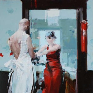 Couple with Fire Extinguisher 36" x 36, oil on board